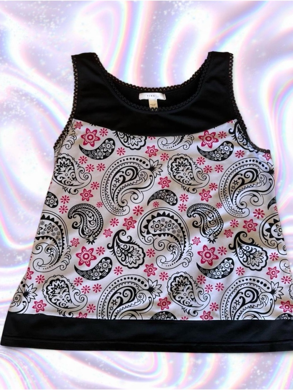 PINK Victoria's Secret Black and Pink Paisley Tank Top Y2K Lace Trim